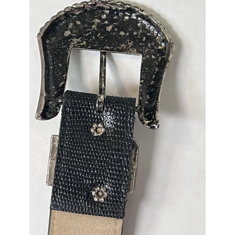 Belt Small‎ Black & Silver  M.A. Logo Buckle Black Faux Tectured Leather